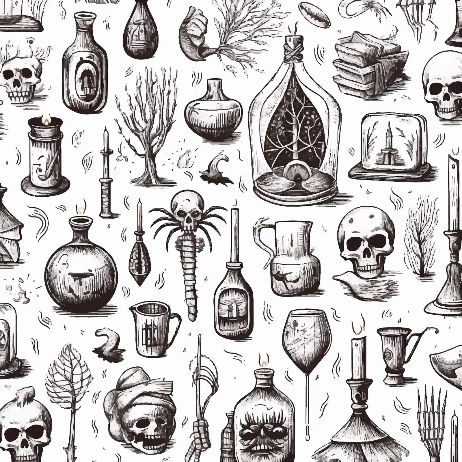 Seamless Black and White Witchcraft Pattern — free download from Dotvec