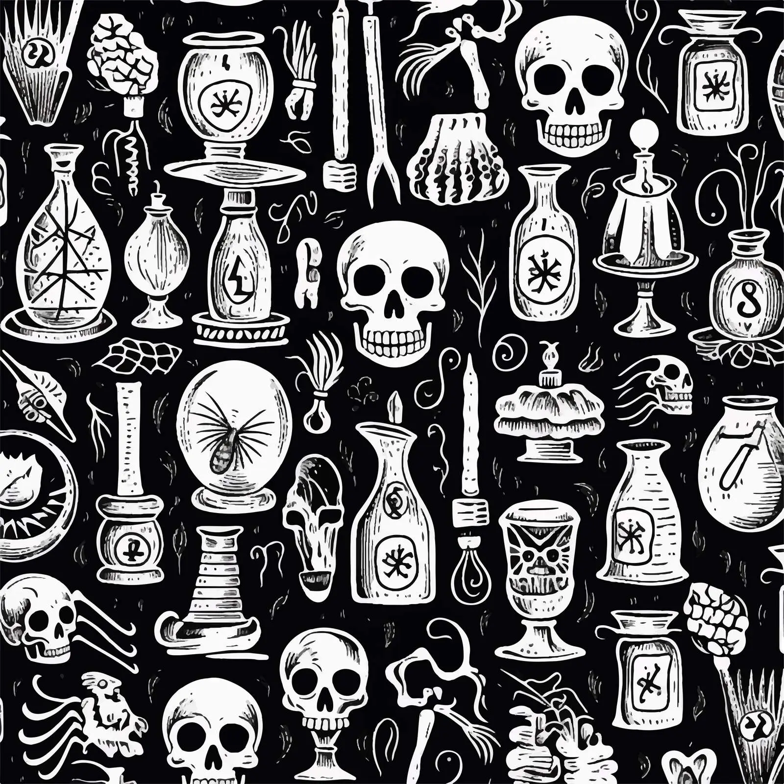 Seamless Black and White Witchcraft Pattern — free download from Dotvec