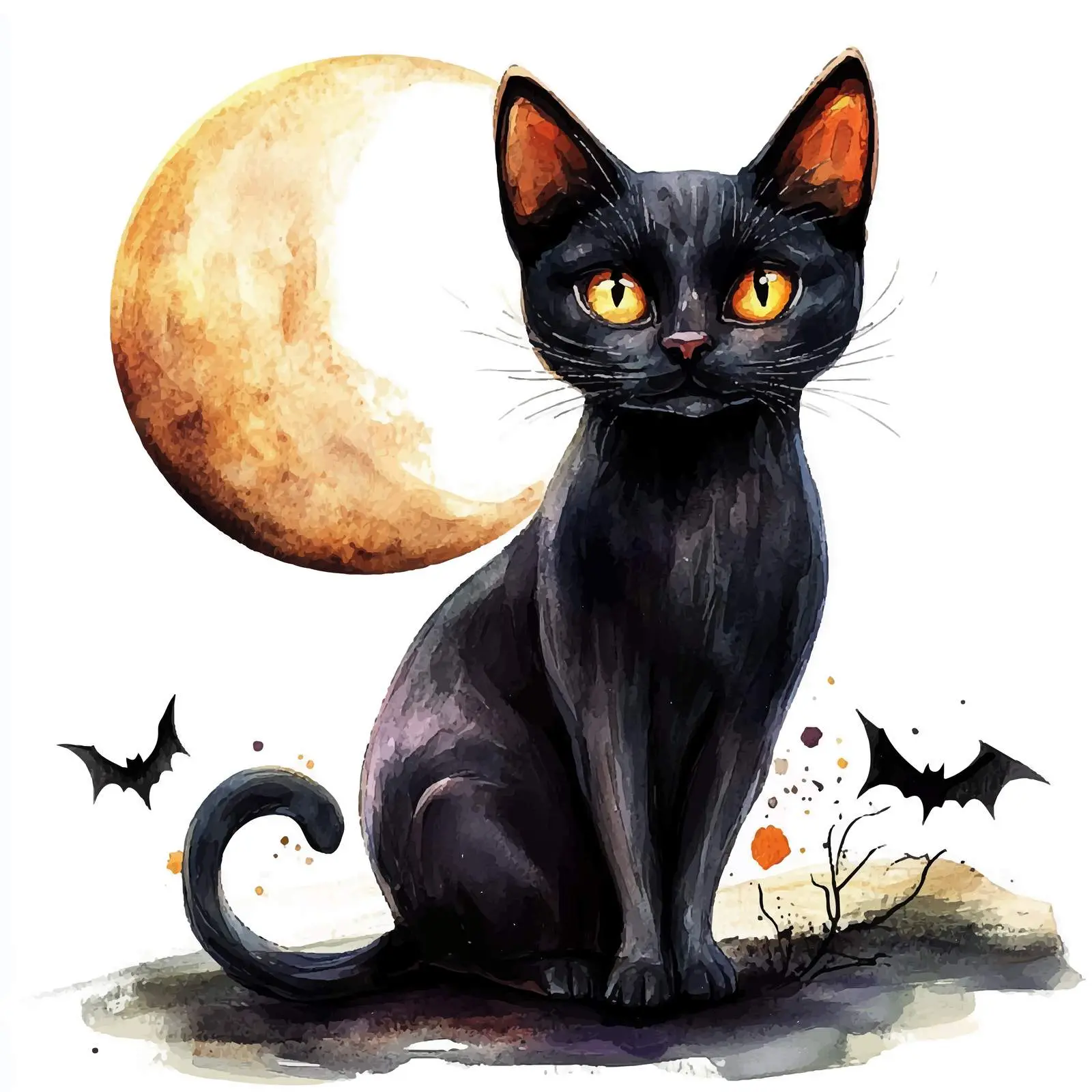 Whimsical Black Cat with Moon and Bat Clipart – free seasonal art image from Dotvec