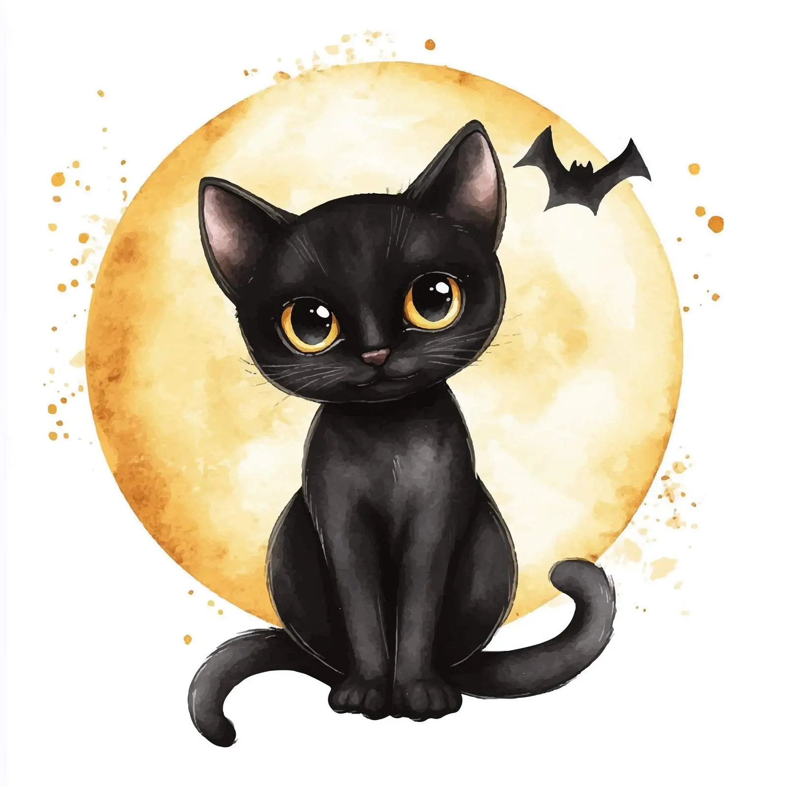 Black Cat with Moon and Bat Watercolor Clipart – free seasonal art image from Dotvec