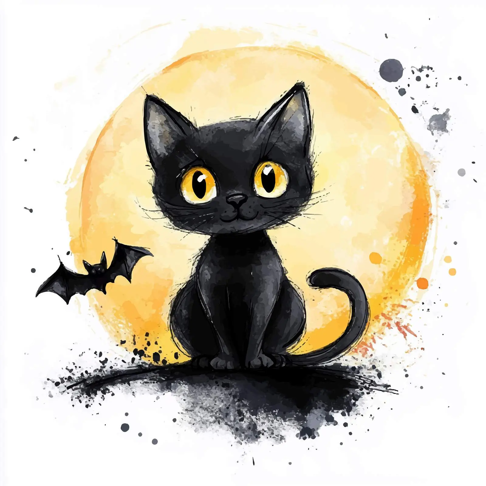 Watercolor Black Cat and Bat Moon Clipart — free download from Dotvec