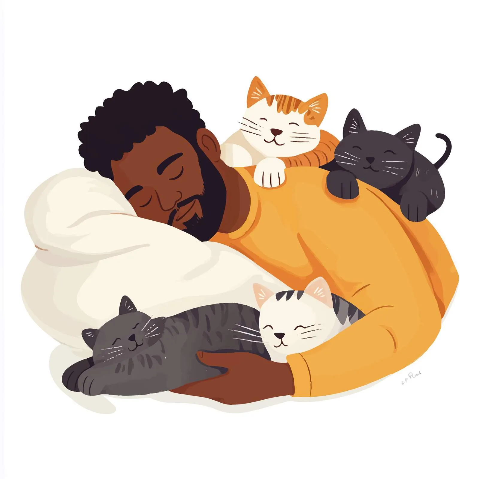 Man Sleeping in Bed with Adorable Cats — free download from Dotvec