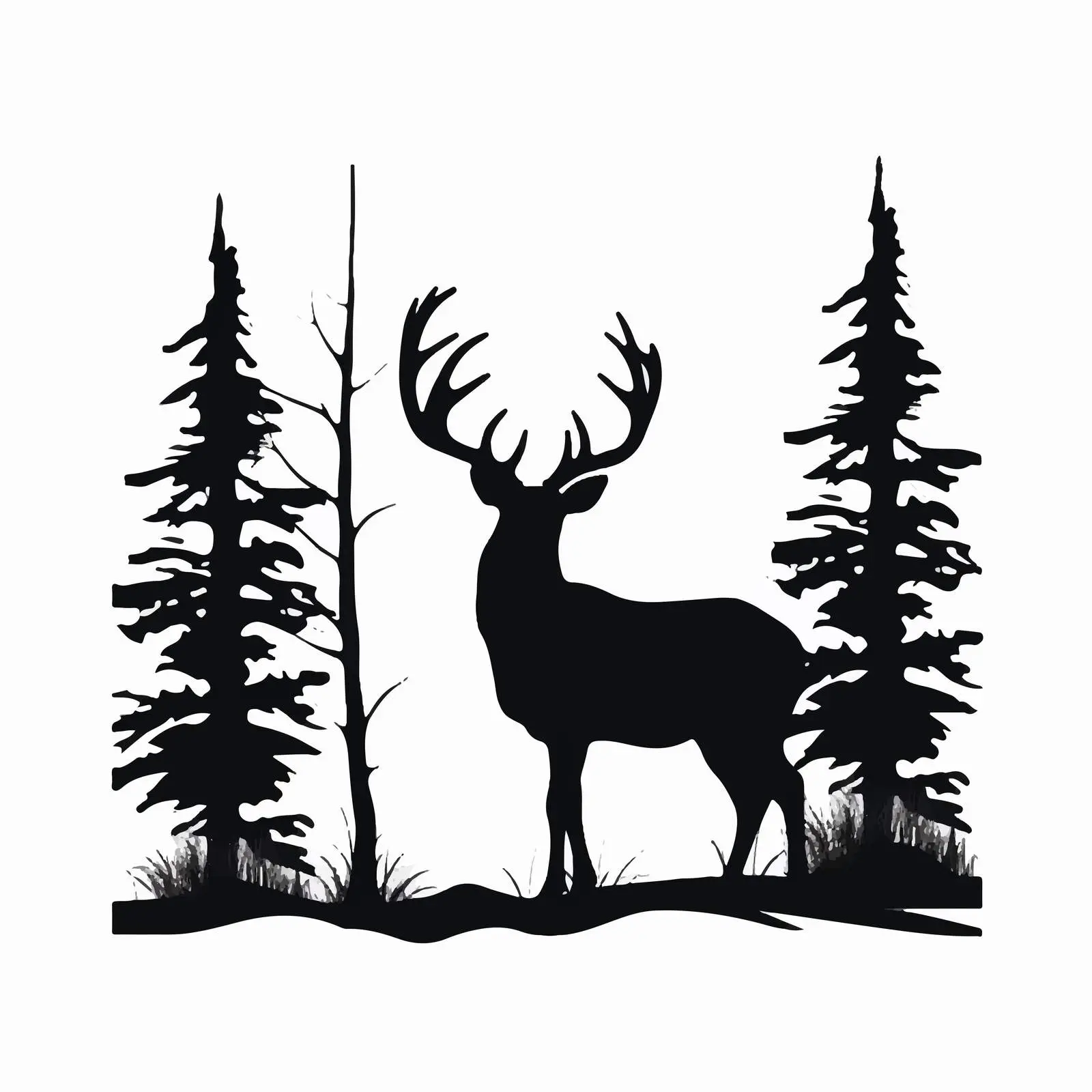 Black Silhouettes of North Forest with Deer – free forest vector image from Dotvec