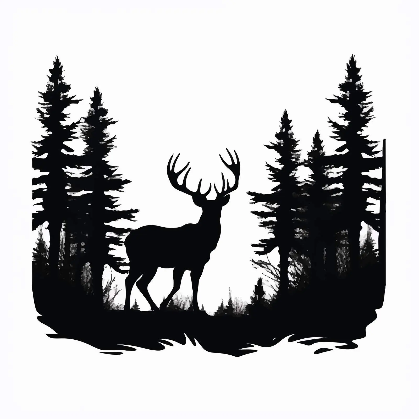 North Forest Silhouette with Deer and Trees – free forest animals image from Dotvec