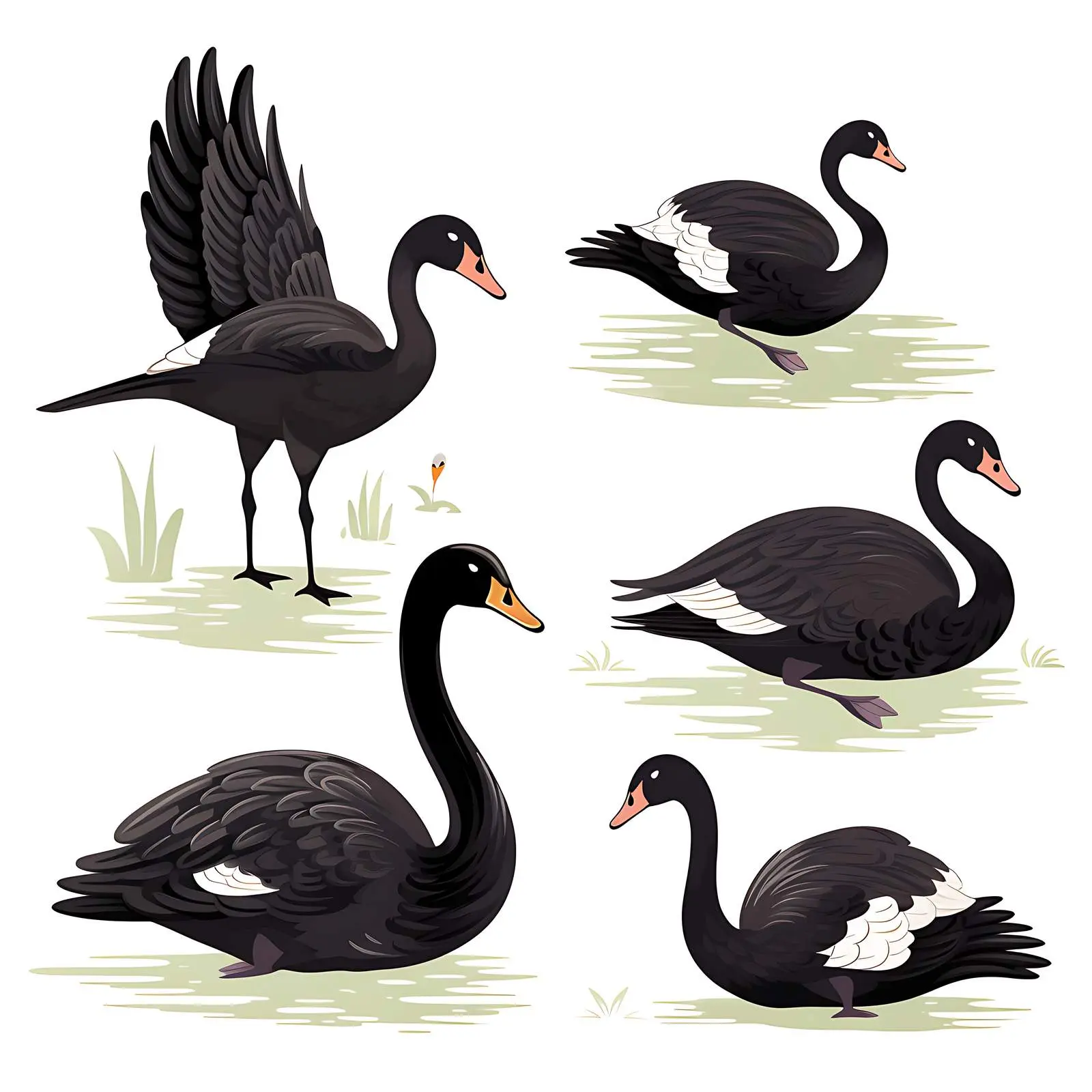 Set of Black Swan Birds on White Background – free habitat image from Dotvec