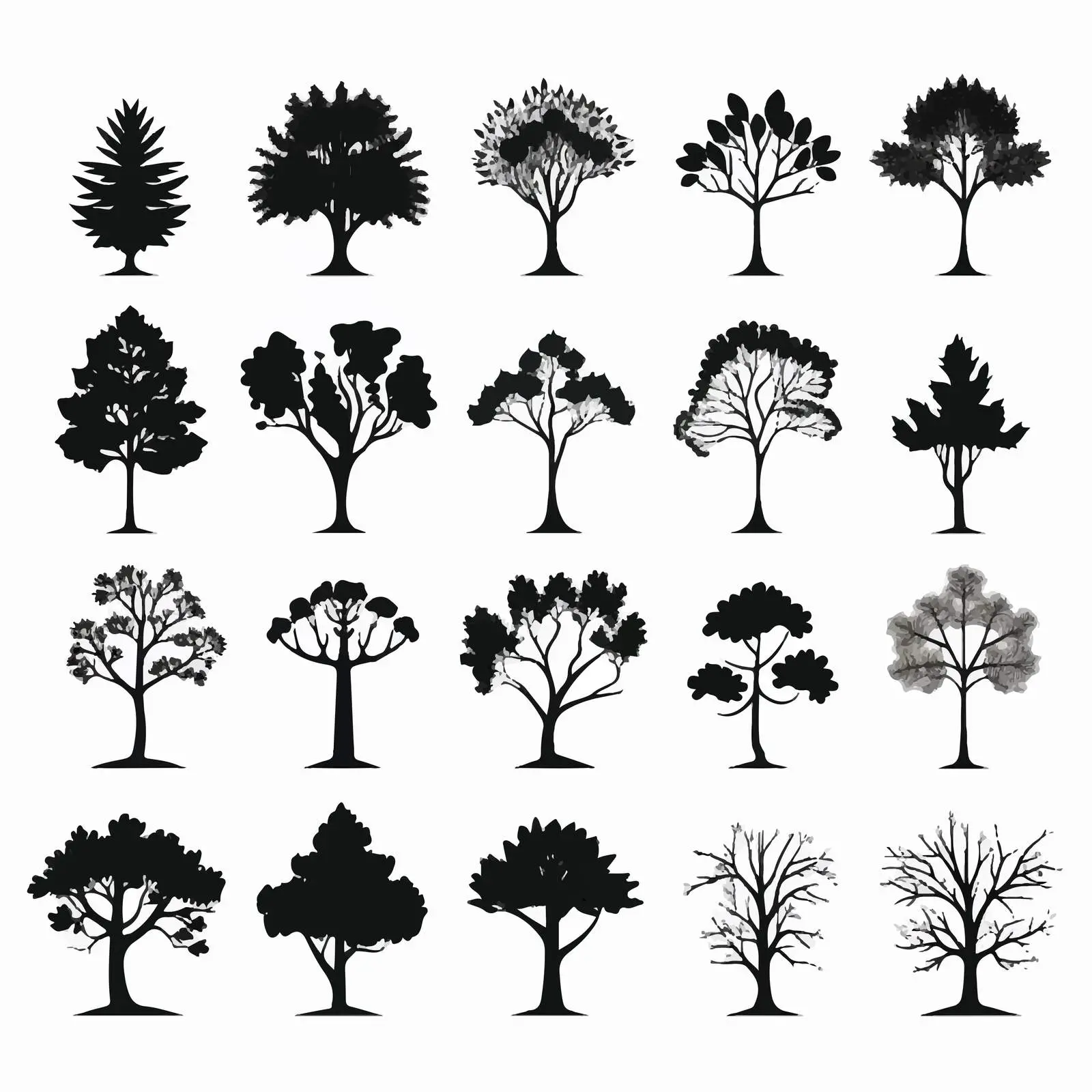 Black Tree Crowns Silhouettes on White Background – free tree design image from Dotvec