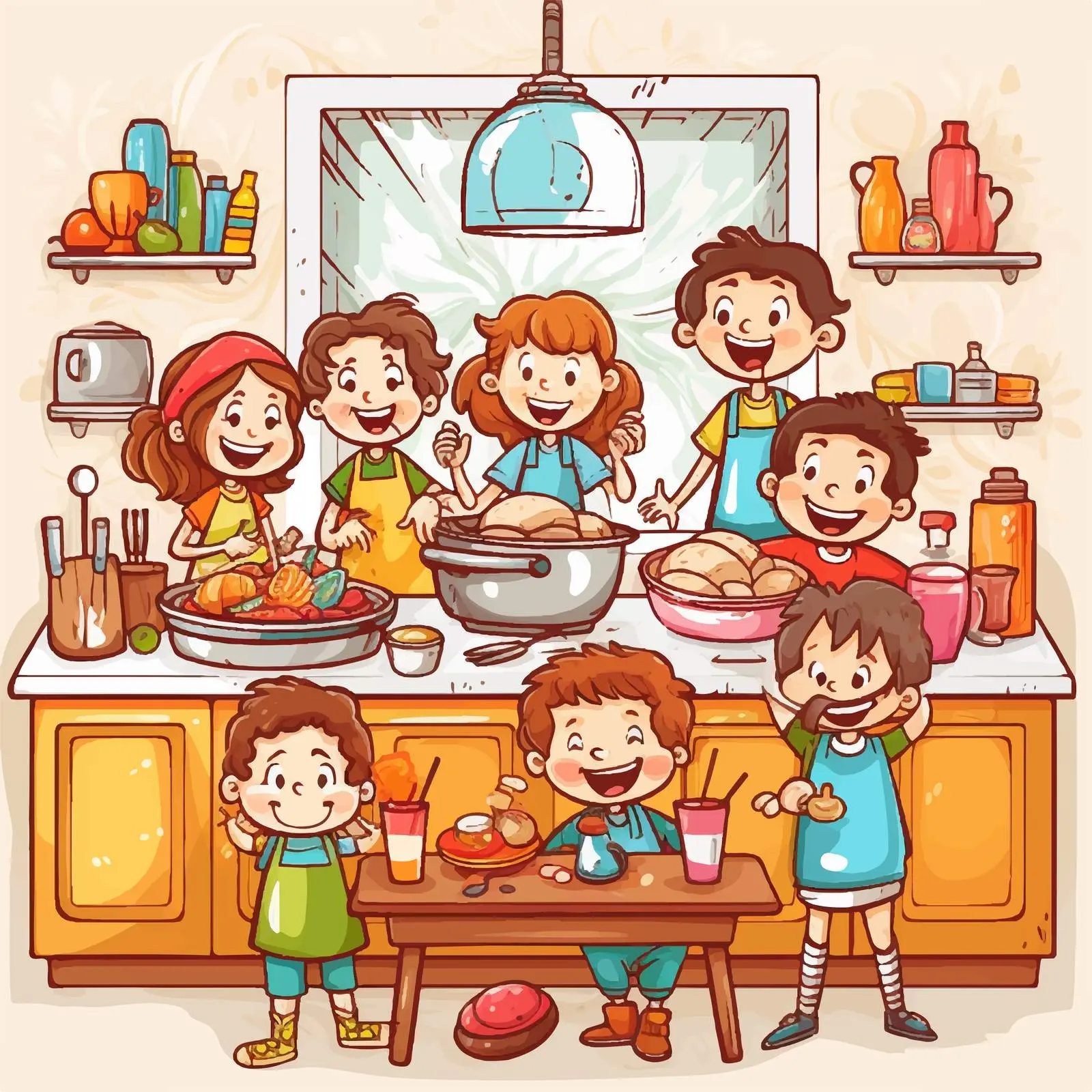 Colorful Kitchen Scene with Kids Cartoon Characters — free download from Dotvec