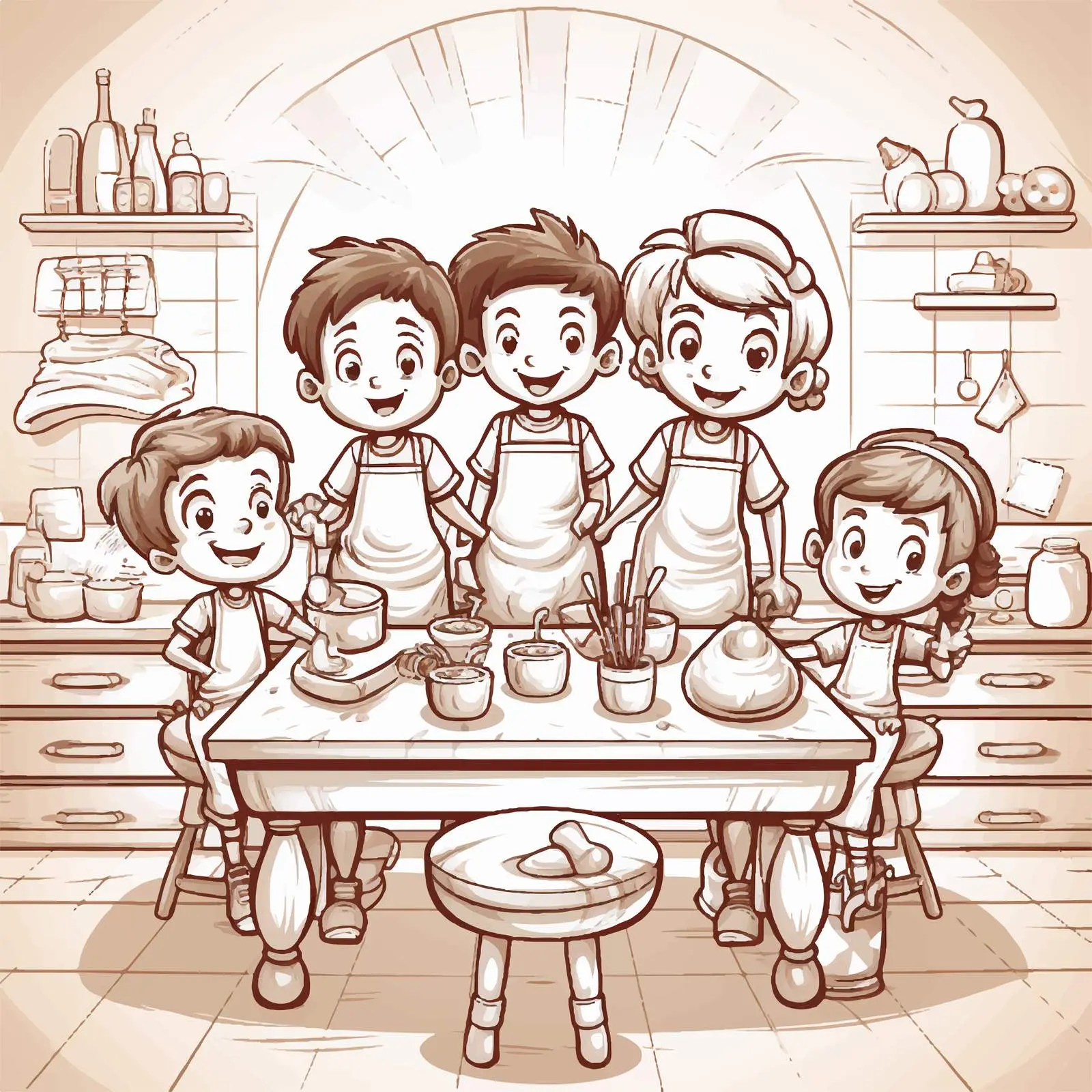 Doodle Cartoon Kids in Kitchen Scene — free download from Dotvec