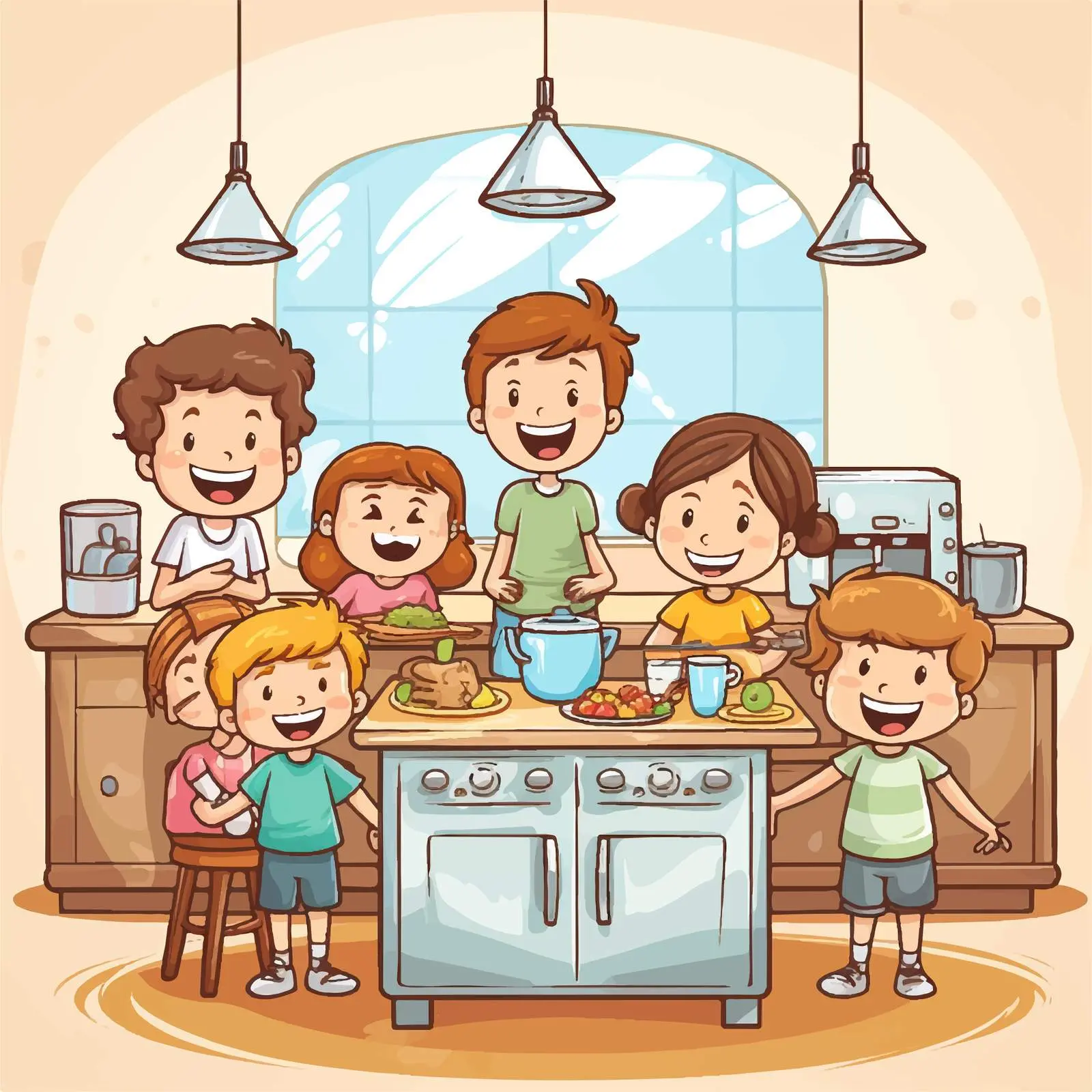 Colorful Kitchen Doodle with Happy Kids — free download from Dotvec