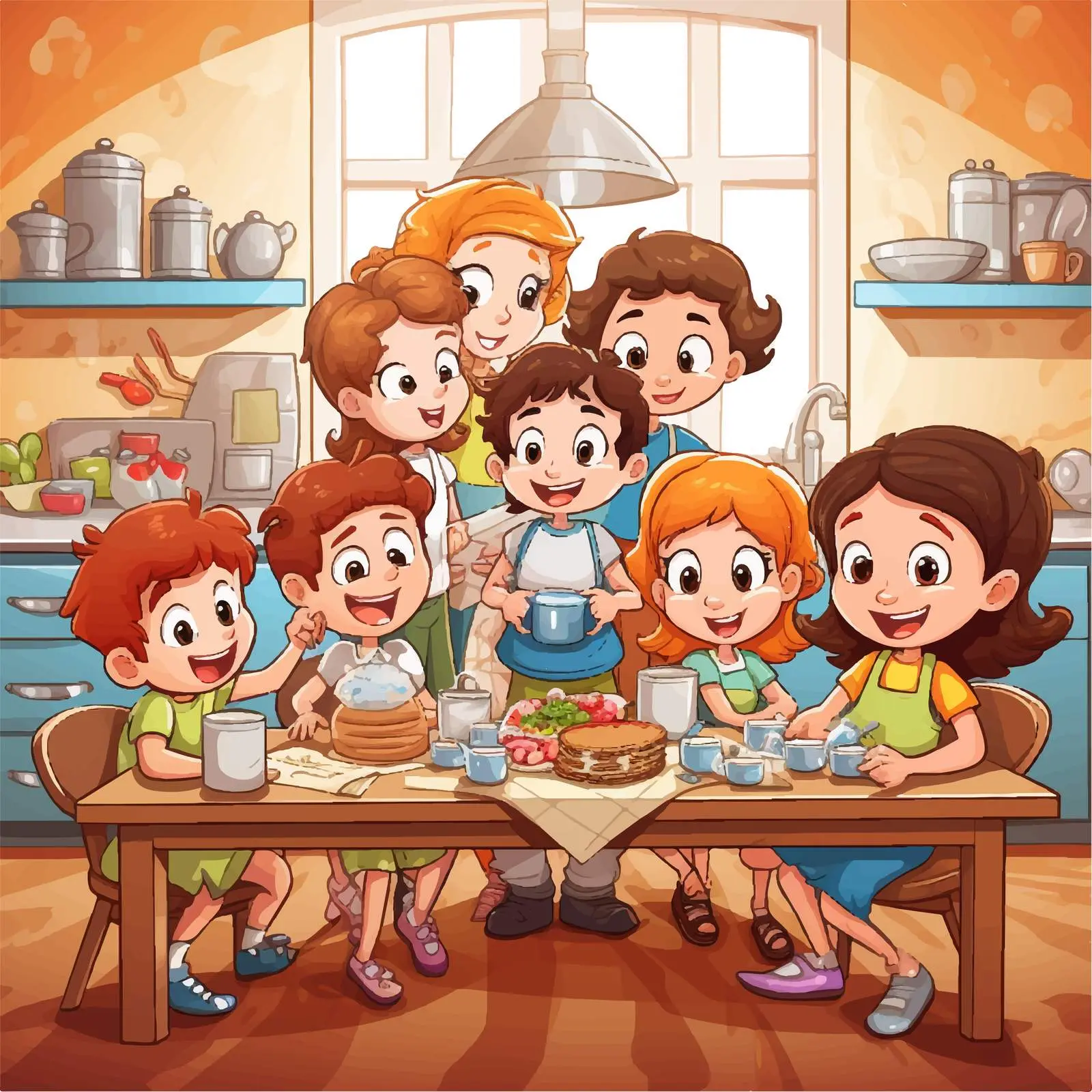 Colorful Kitchen Scene with Kids Doodle Characters — free download from Dotvec