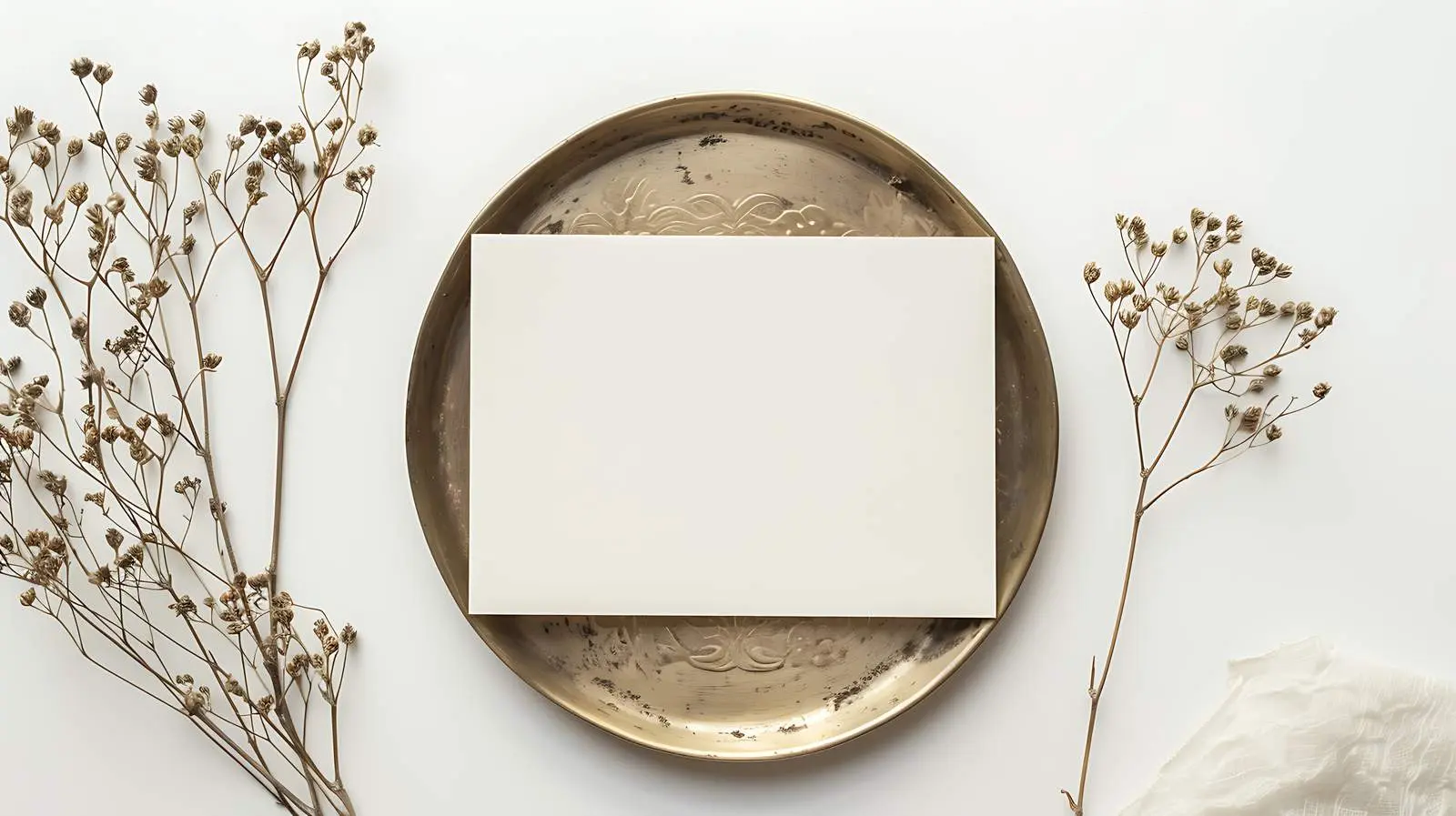 Blank Paper Card on Brass Plate with Dried Floral – free background template image from Dotvec