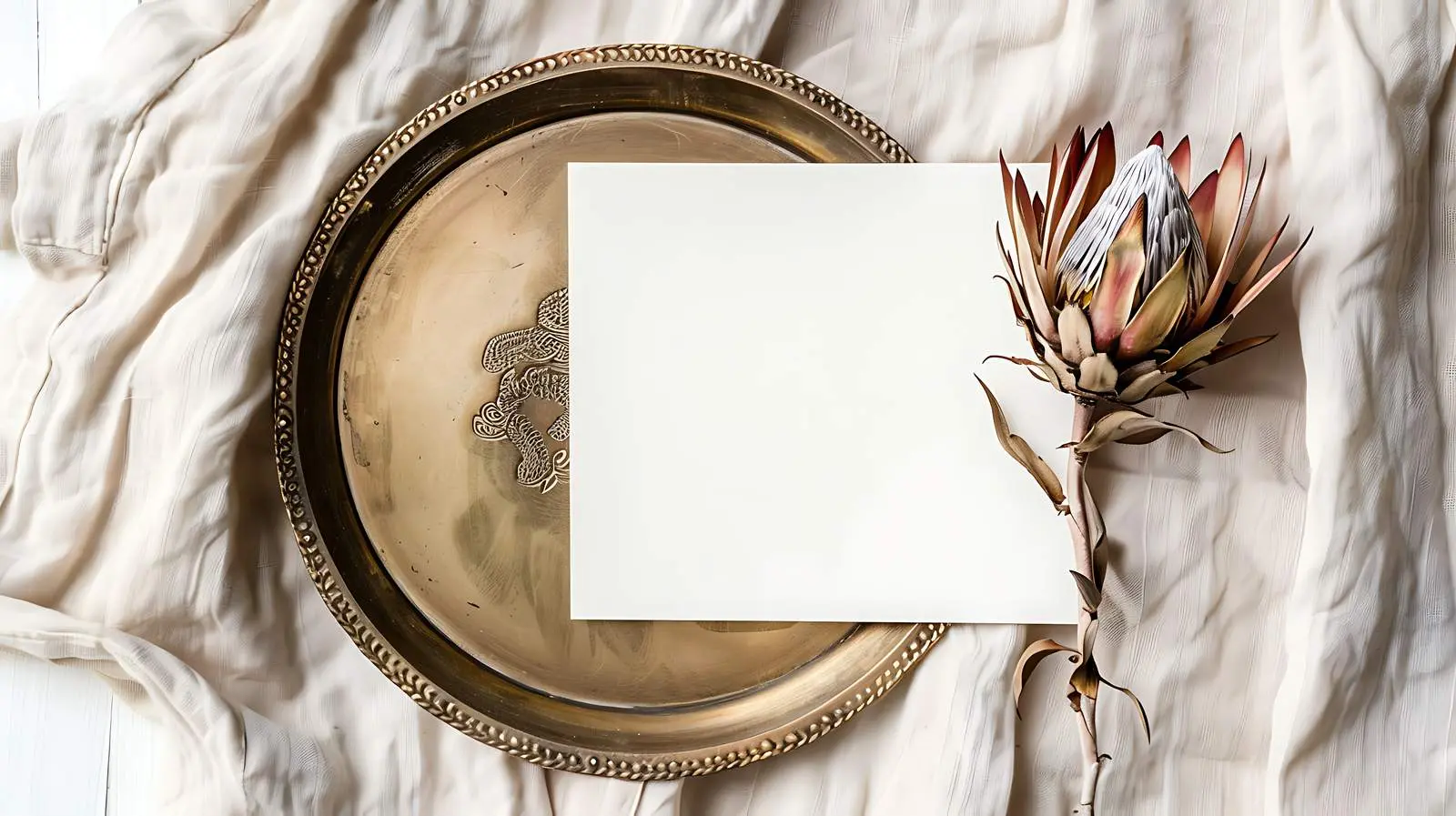 Blank Card with Dried Protea on Brass Plate — free download from Dotvec