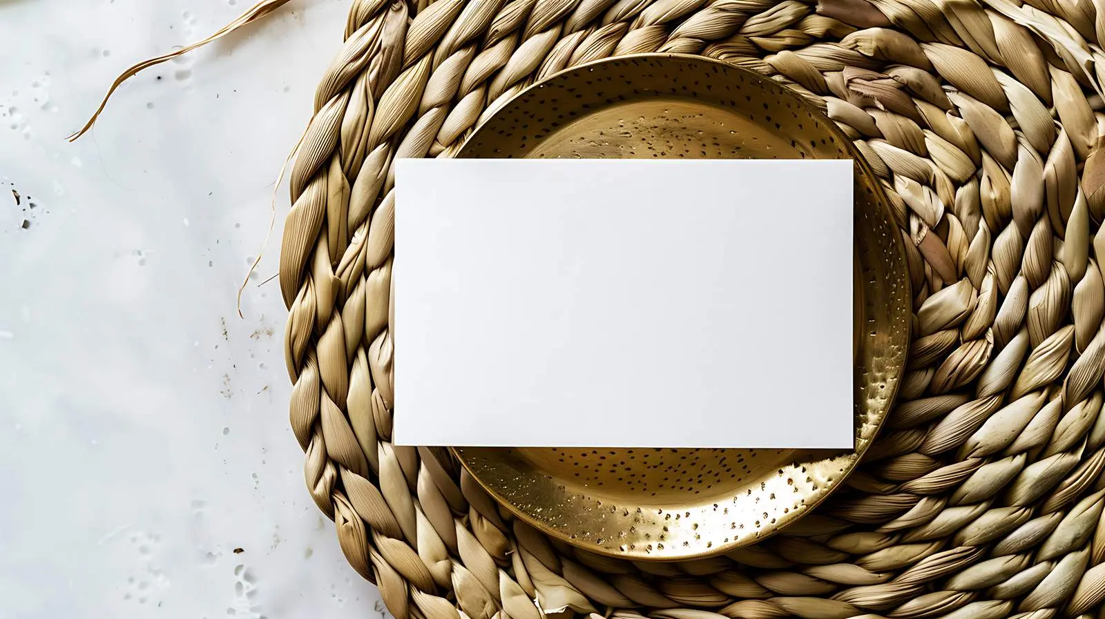 Blank Paper Card on Brass Plate with Rattan Background – free stylish card image from Dotvec