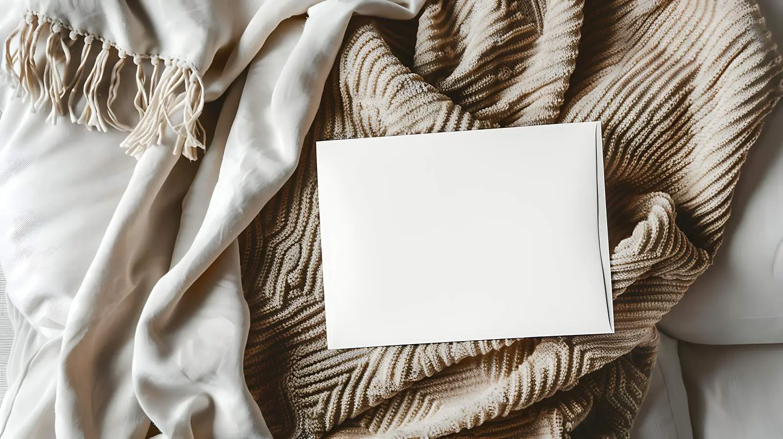 Blank Paper Card on Sofa with Blanket – free relaxed vibe image from Dotvec