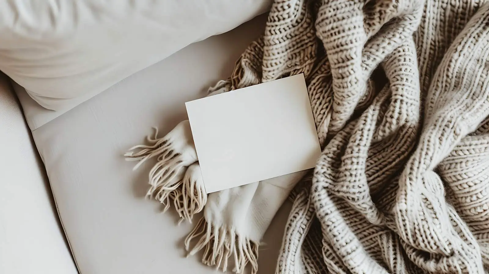 Blank Paper Card on Cozy Sofa with Blanket — free download from Dotvec