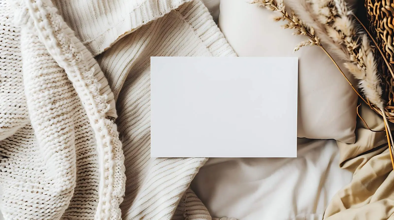 Blank Paper Card on Cozy Sofa with Blanket — free download from Dotvec