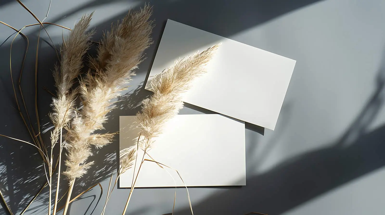 Blank Paper Sheet Cards with Pampas Grass – free branding mockup image from Dotvec