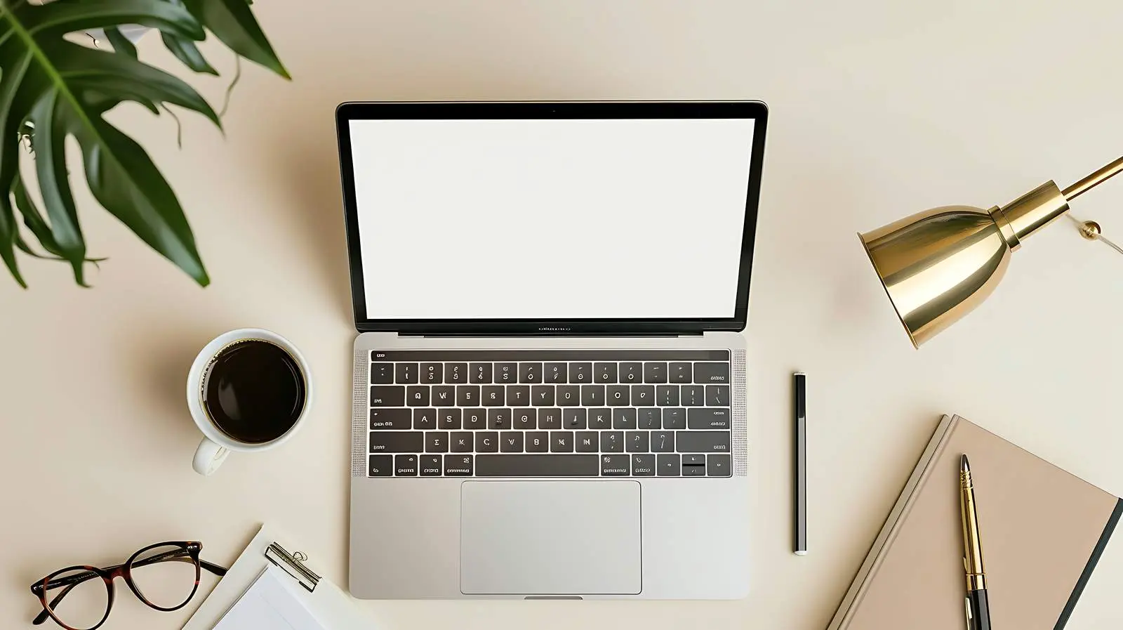 Home Office Desk with Blank Screen Laptop — free download from Dotvec