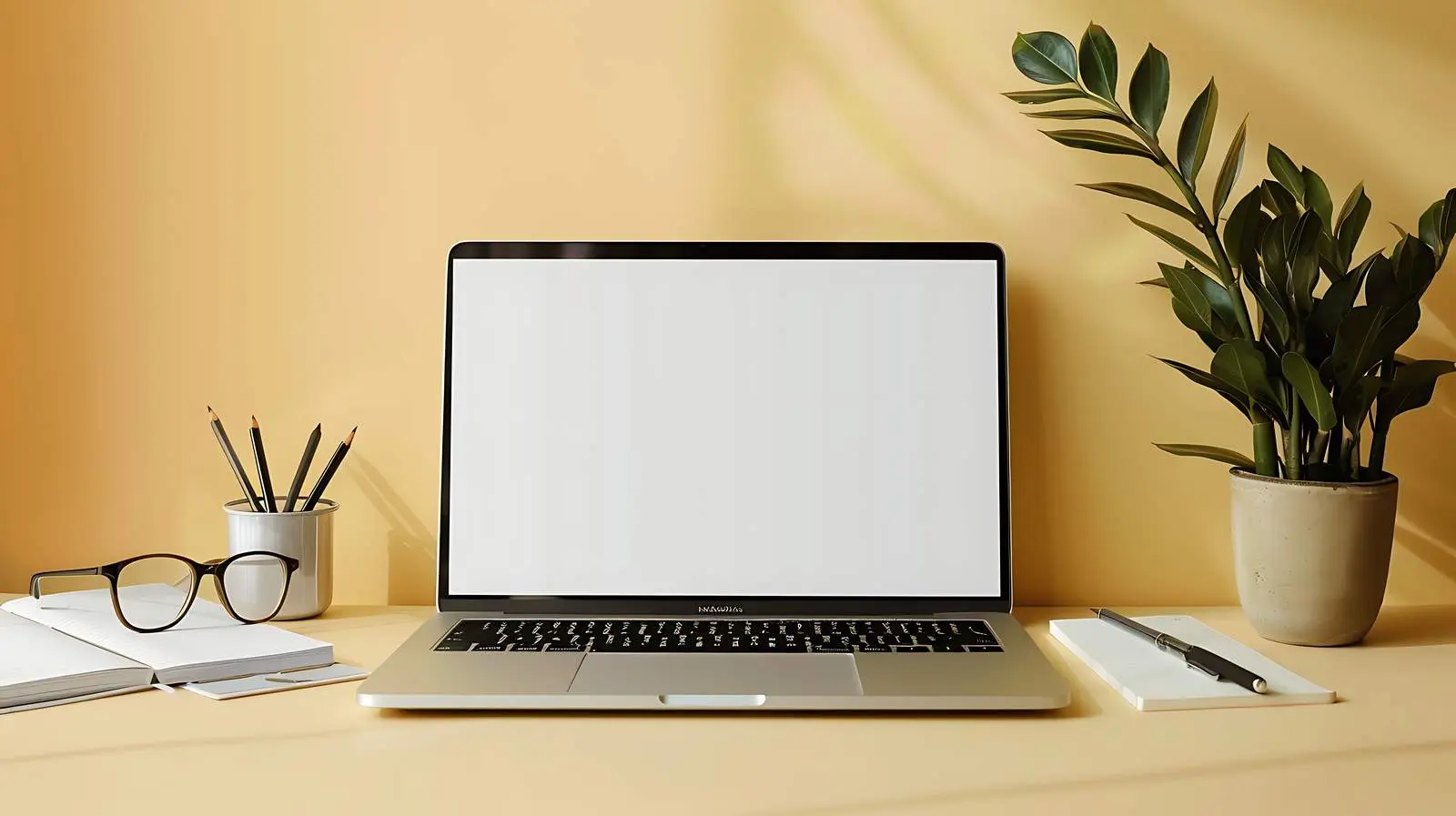 Home Office Workspace with Blank Screen Laptop — free download from Dotvec