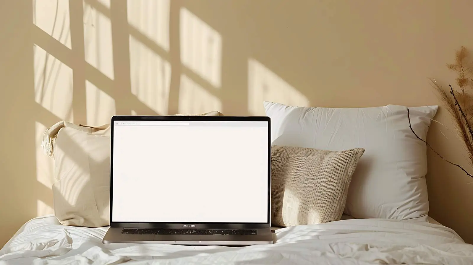 Laptop on Bed Surrounded by Cozy Pillows – free mess image from Dotvec
