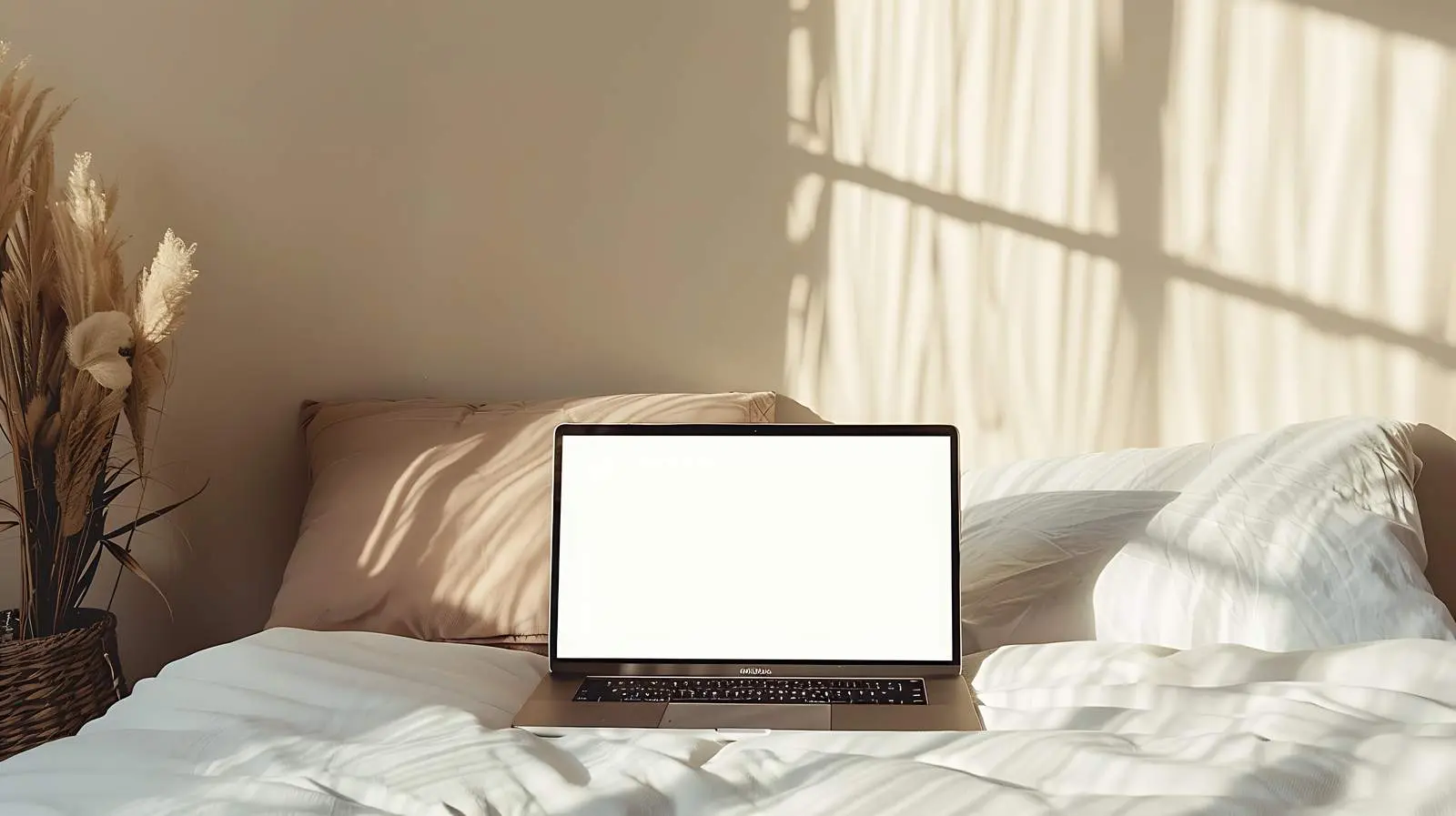Laptop on Bed with Pillows in Soft Lighting — free download from Dotvec