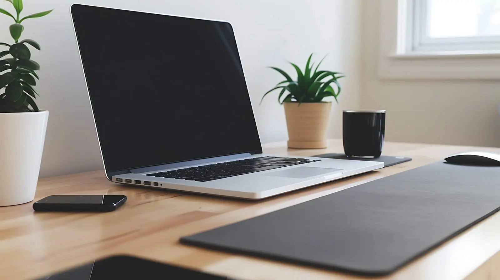 Blank Screen Laptop on Wooden Home Office Desk — free download from Dotvec