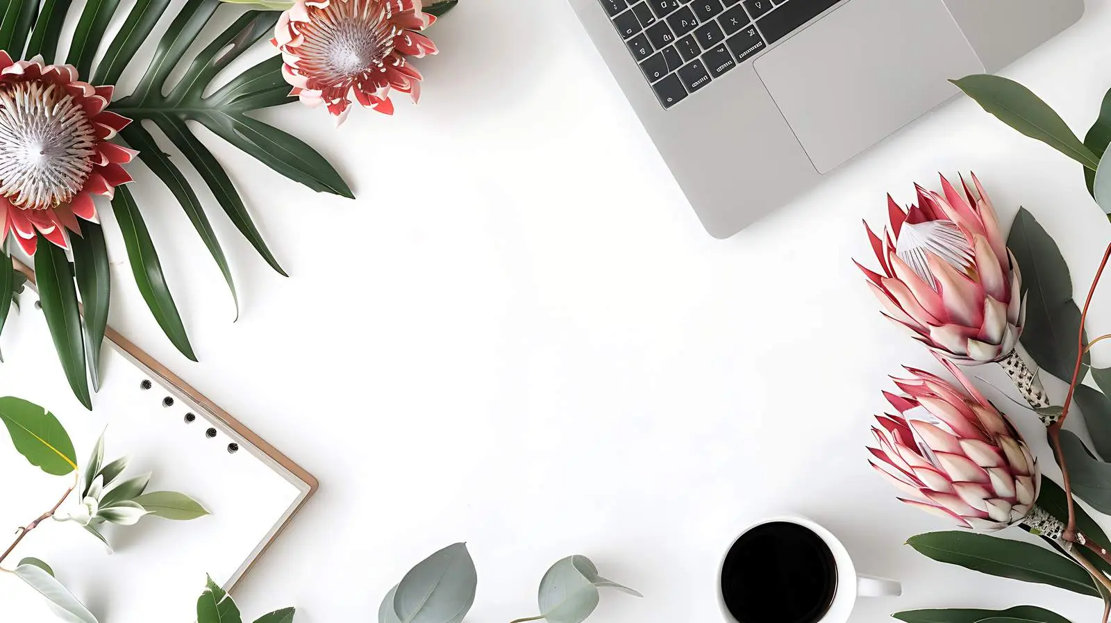 Blogger Workspace with Laptop and Protea Flowers – free beautiful workspace image from Dotvec