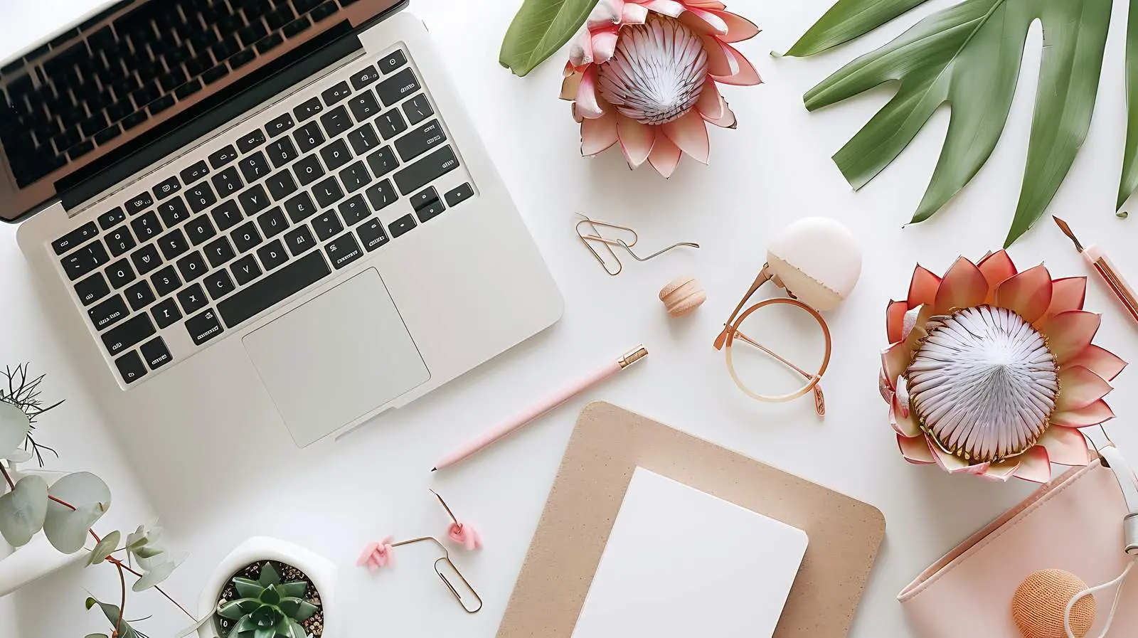 Blogger Workspace with Laptop and Protea Flower – free base image from Dotvec