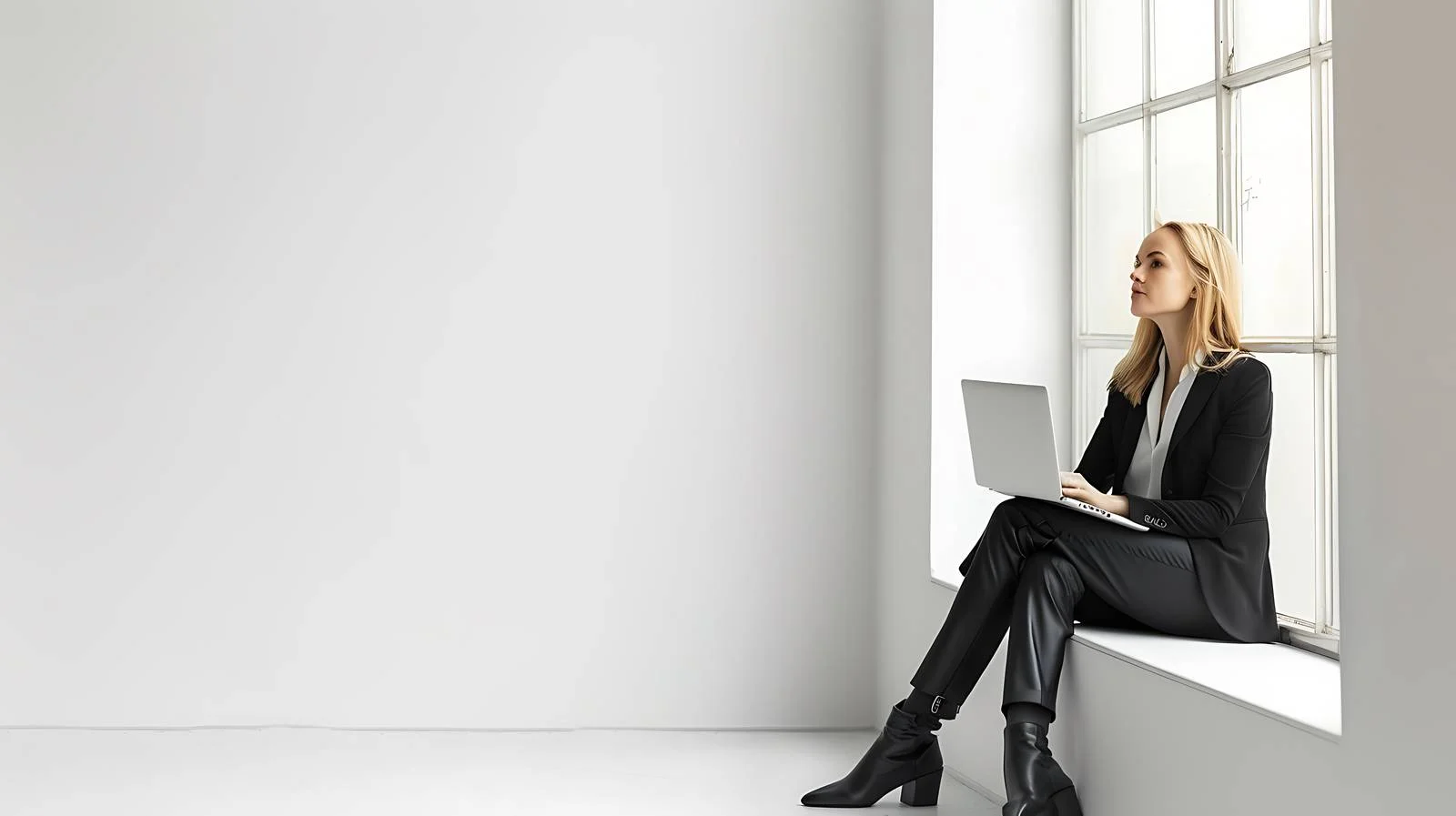 Businesswoman Working on Laptop near Window — free download from Dotvec