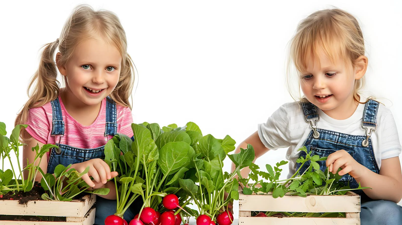 Siblings gathering radishes on balcony garden — free download from Dotvec