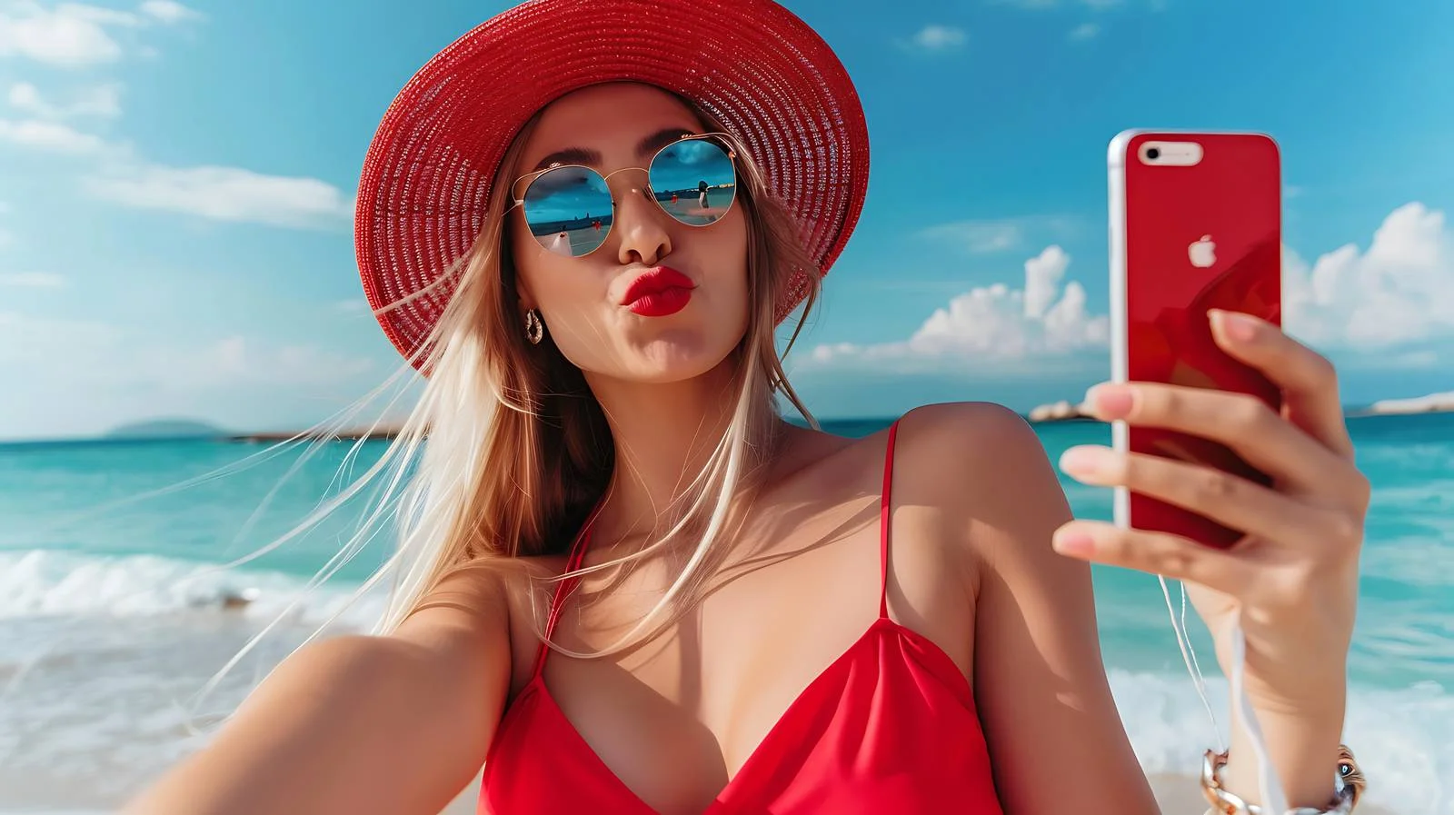 Elegant Woman in Red Dress and Hat — free download from Dotvec