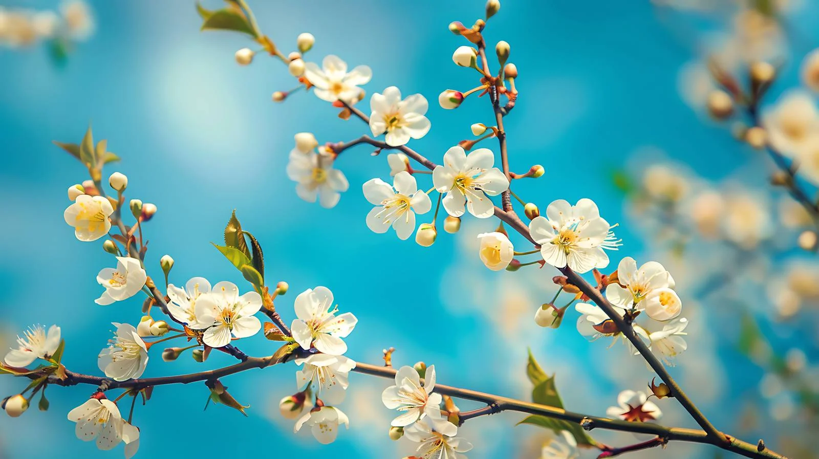 Cherry plum branches blossoming in sunlight — free download from Dotvec
