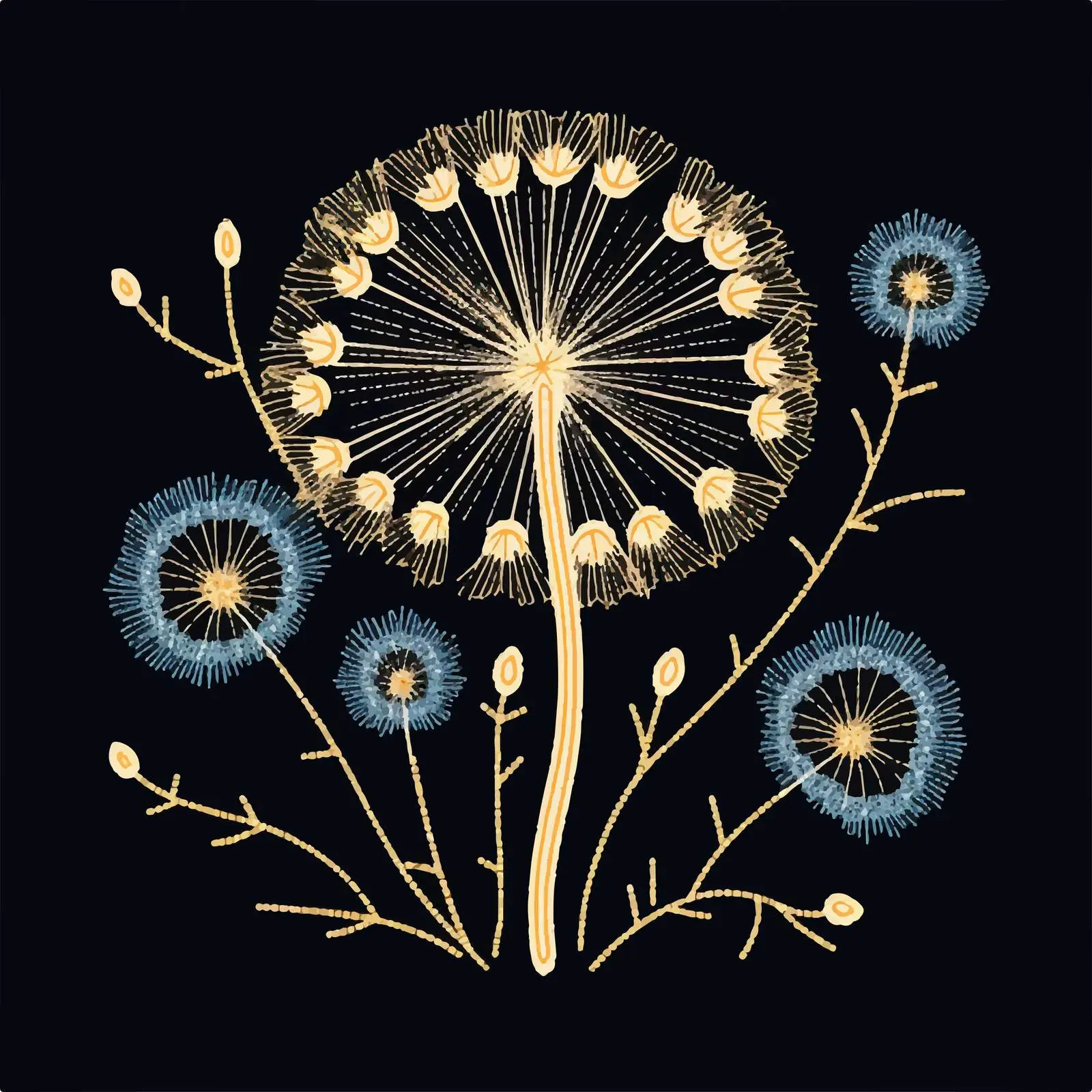 Blooming Dandelion Flower Embroidery on Black Background — free download from Dotvec
