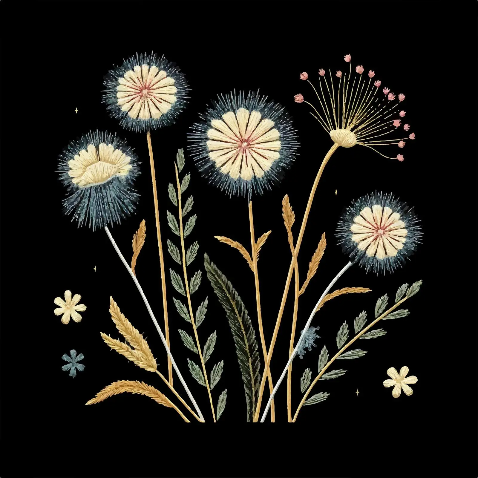 Blooming Dandelion Flower Embroidery on Black Background — free download from Dotvec