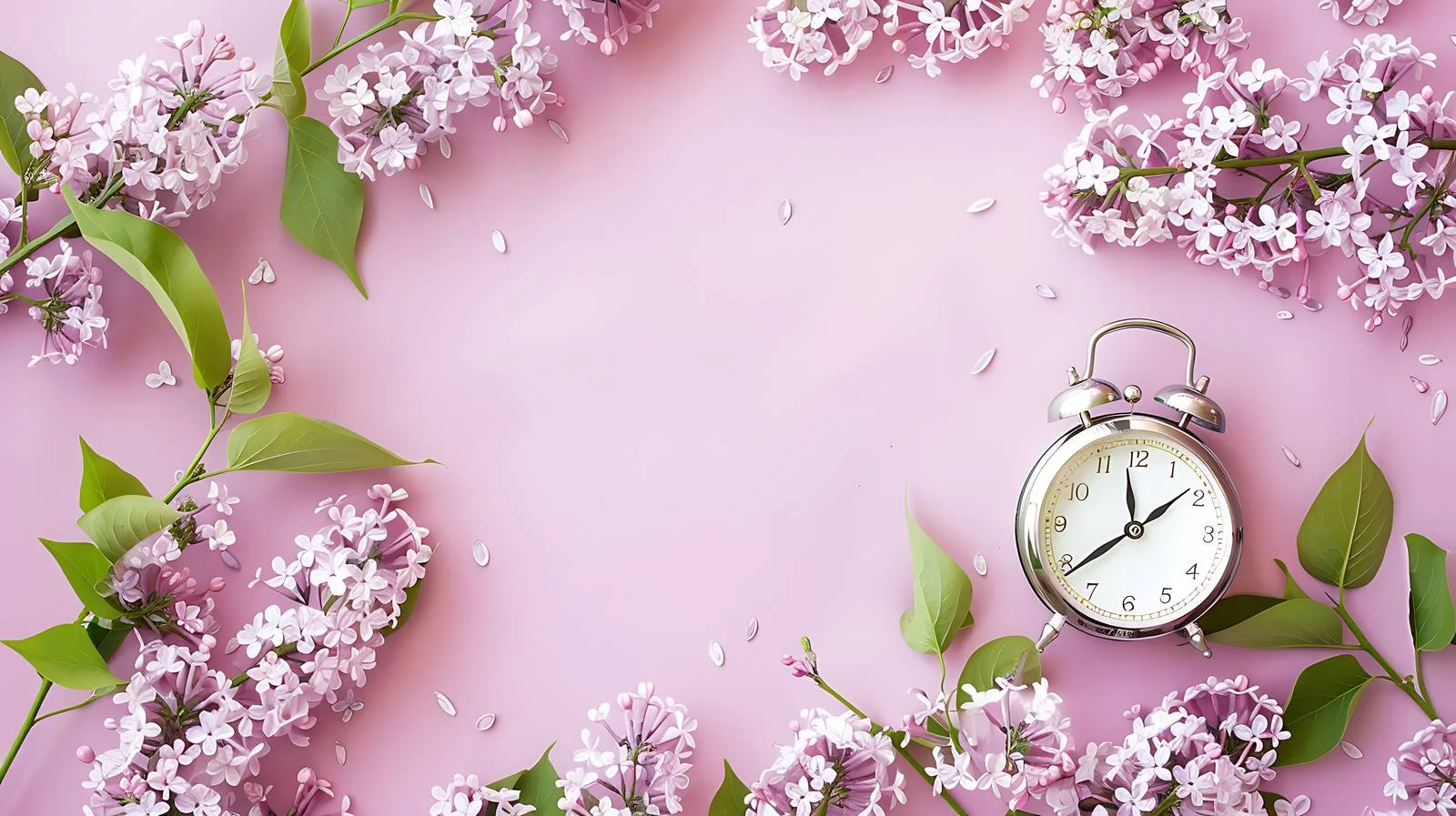 Springtime Blooms and Clock on Lilac — free download from Dotvec