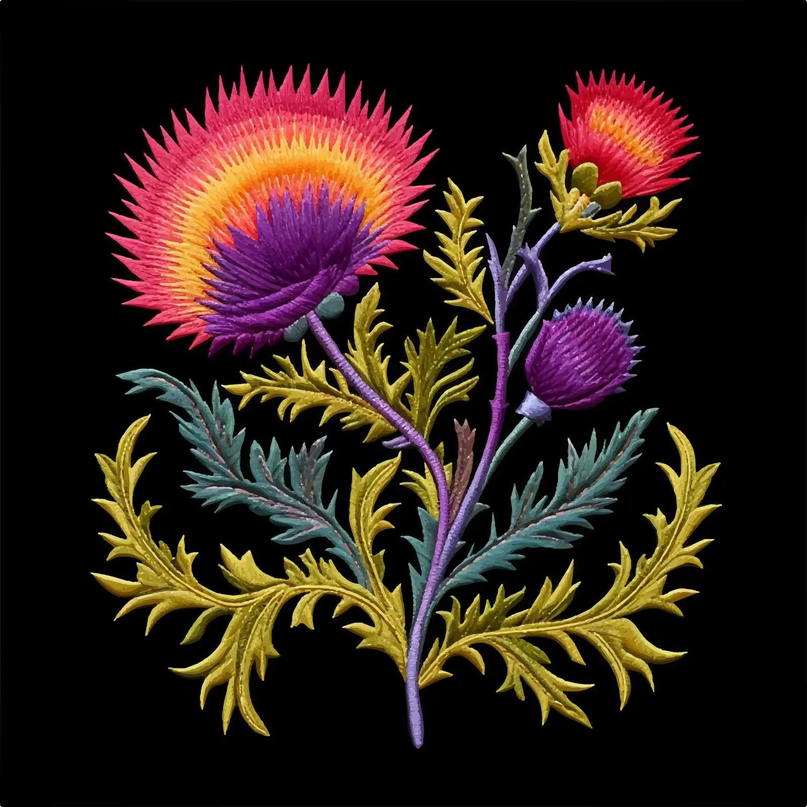 Embroidered Blooming Thistle Flower Vector on Black — free download from Dotvec