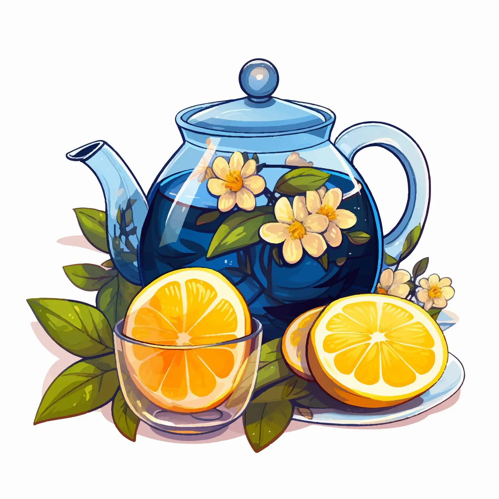 Elegant Blue Teapot with Glass Cup and Tea Leaves — free download from Dotvec