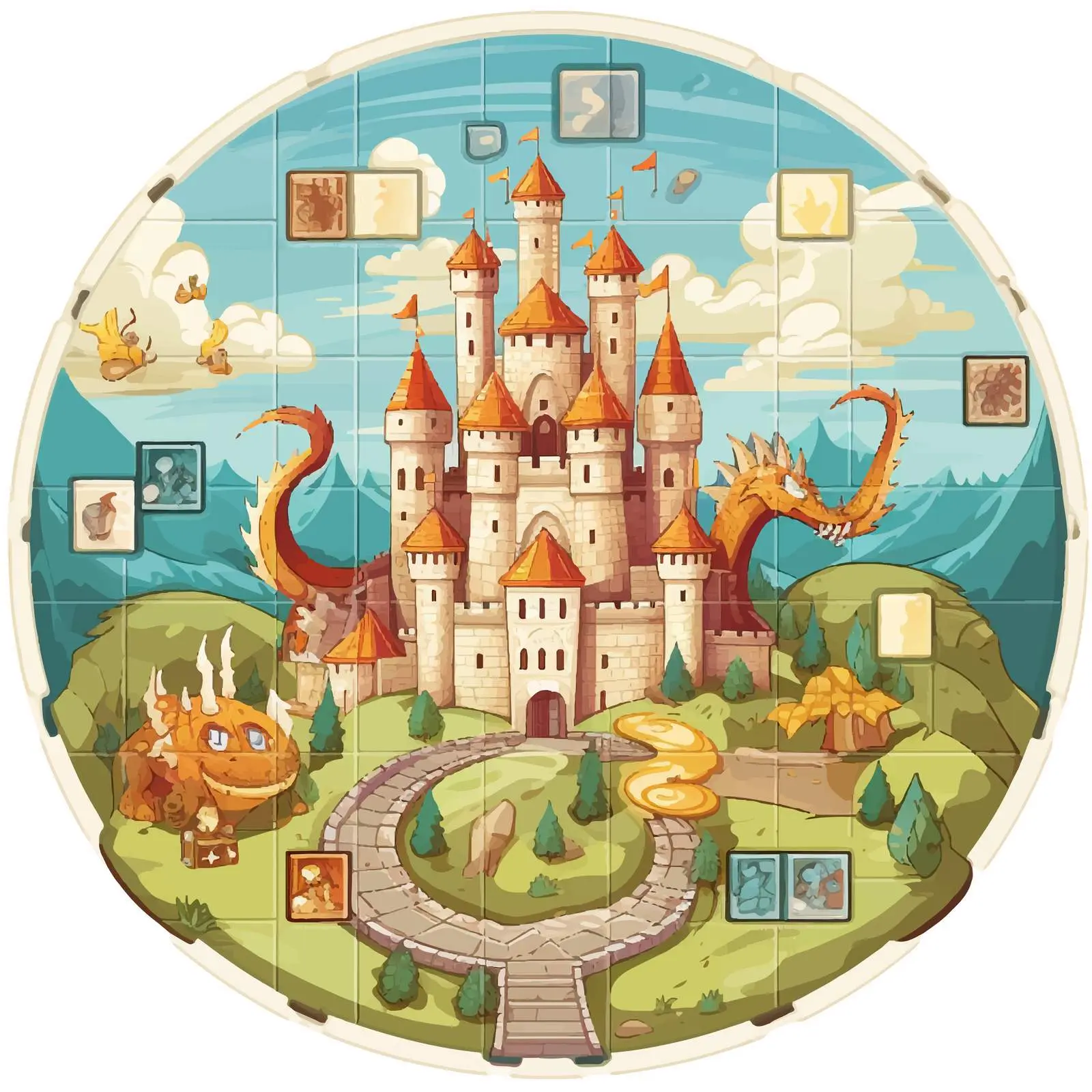 Fantasy Board Game Template with Dragon and Castle – free testing image from Dotvec