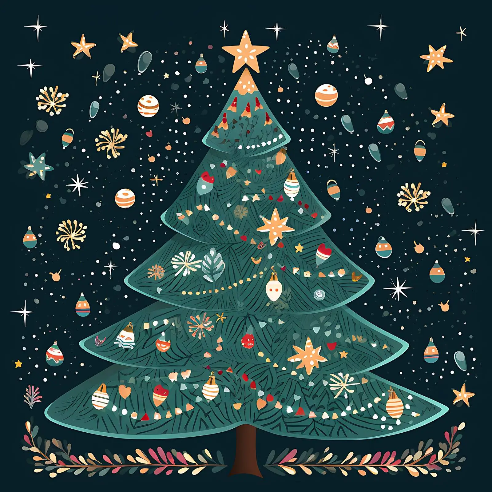 Boho Christmas Tree Postcard Decoration with Lights — free download from Dotvec