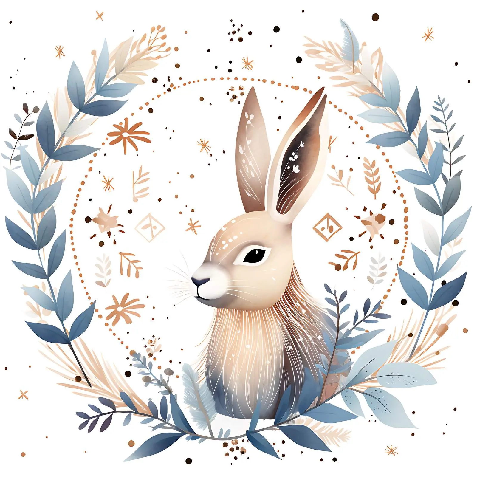 Boho Pattern with Wild Hare and Pastel Leaves – free drawn image from Dotvec