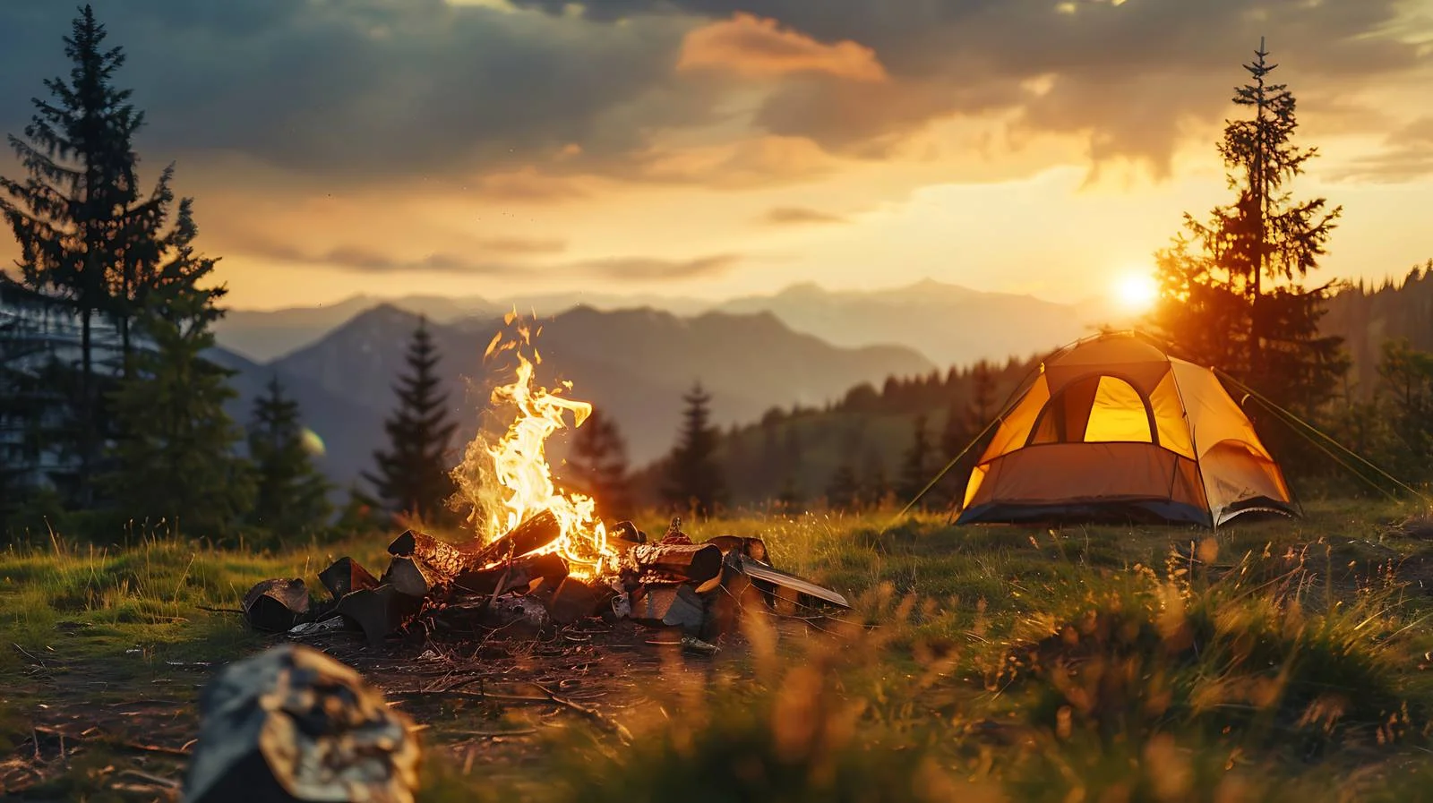 Campfire Scene with Tent and View – free bonfire image from Dotvec