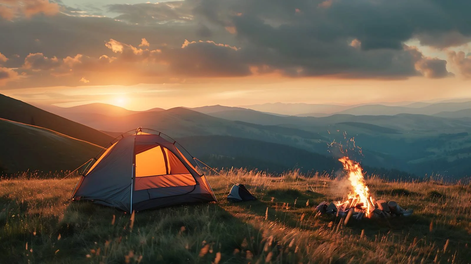 Campfire Scene with Tent on Grass – free bonfire image from Dotvec