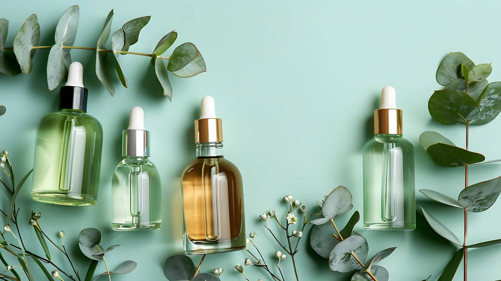Cosmetic Oil and Eucalyptus Branches Display — free download from Dotvec