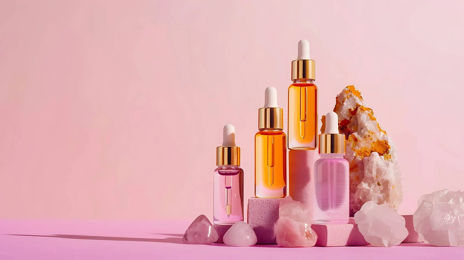 Cosmetic Oil Bottles on Pink Background — free download from Dotvec