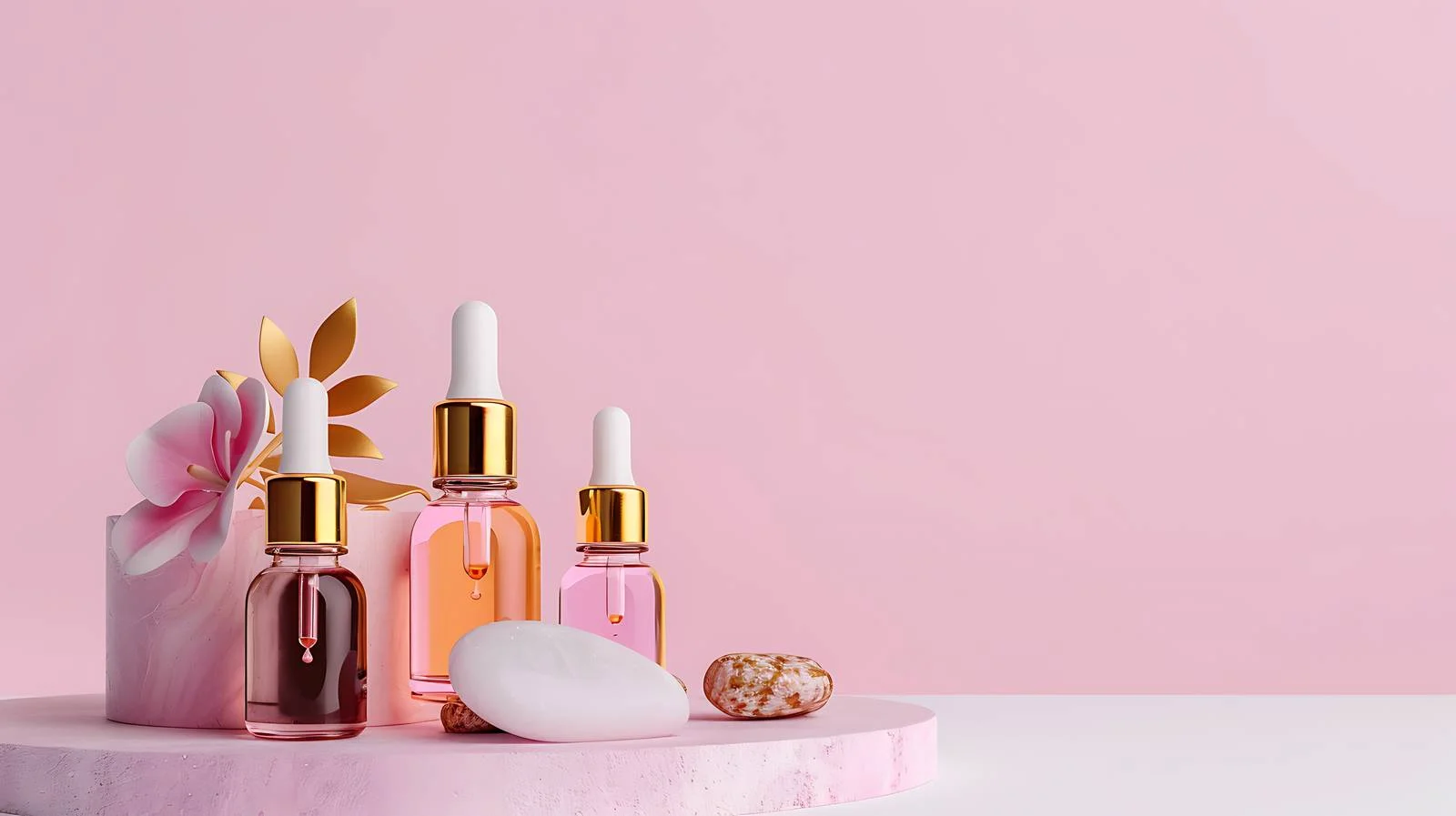 Cosmetic Oil Bottles on Pink Background — free download from Dotvec