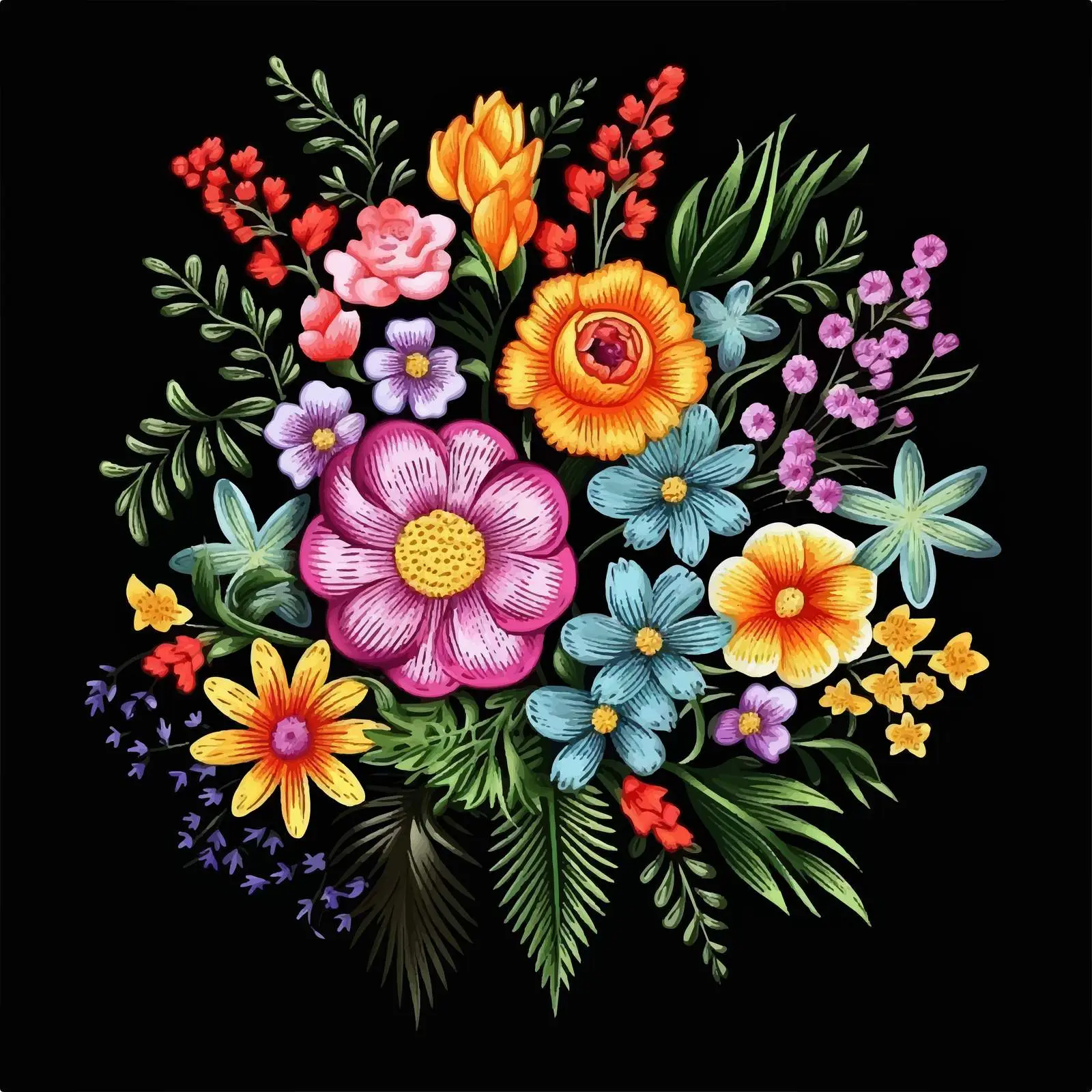 Embroidered Bouquet of Wild Flowers Illustration — free download from Dotvec
