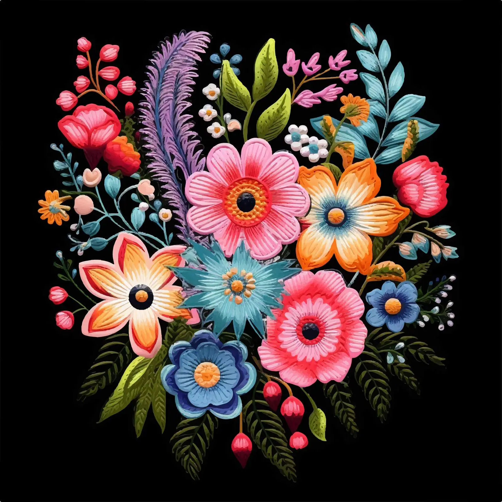 Embroidered Wildflower Bouquet with Colorful Threads — free download from Dotvec