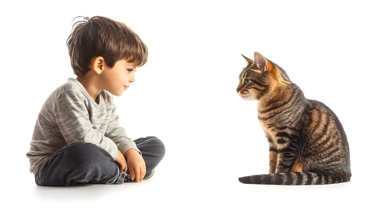 Boy and Cat Gaze at Each Other on White — free download from Dotvec