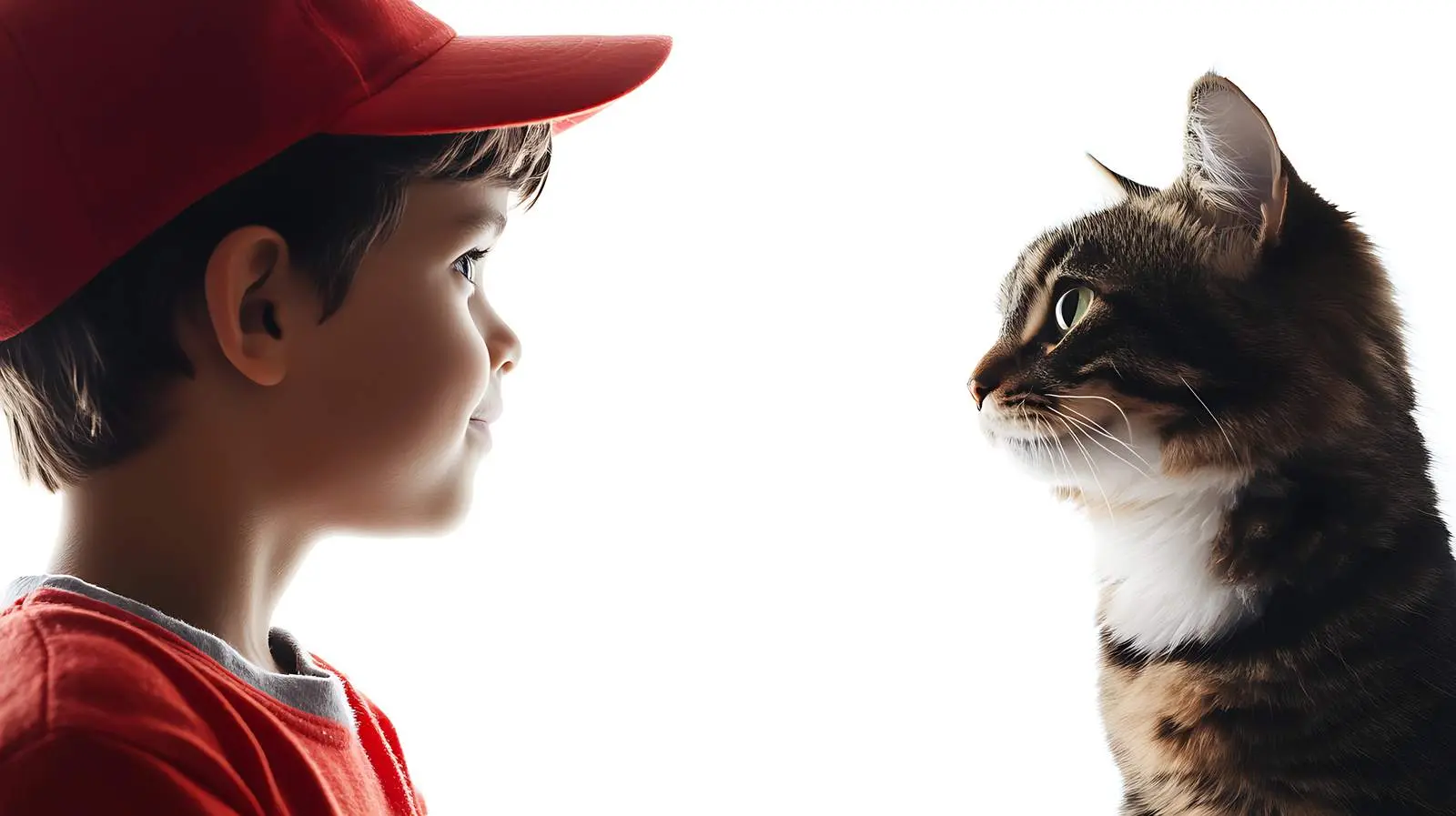 Boy and Cat Interacting on White Background – free positive energy image from Dotvec