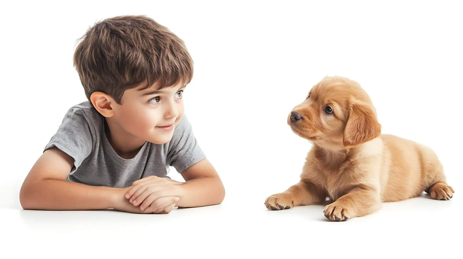 Boy and Puppy Interacting on White Background — free download from Dotvec